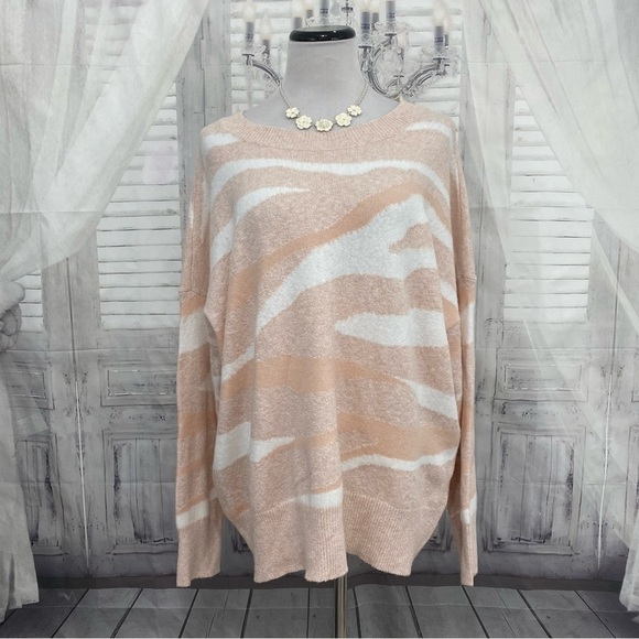 Calvin Klein Size XL Pink White Tan Zebra Crew Neck Sweater Long Sleeve Oversize - Picture 1 of 10